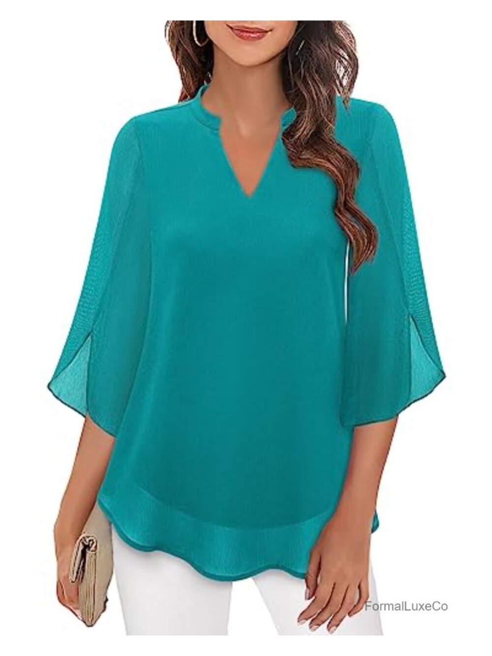 Womens Chiffon Blouse 3/4 Bell Sleeve V Neck Double Layer Dressy Top